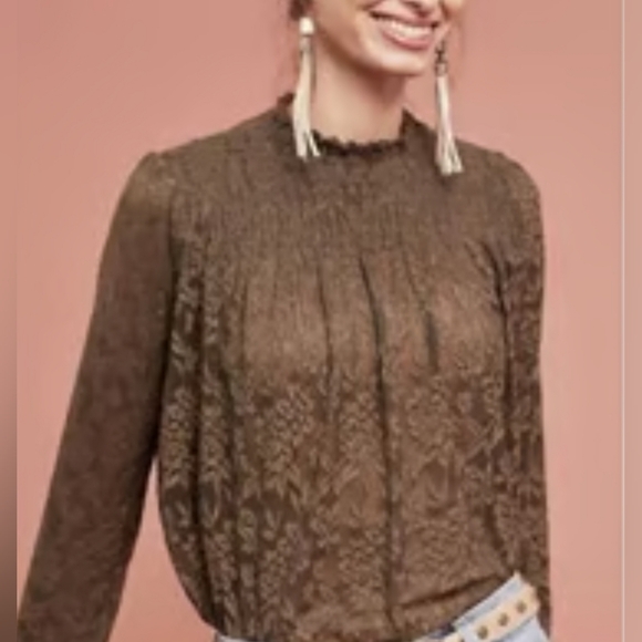 Anthropologie Tops - Anthropologie Deletta Brown Lace High-Neck Long-Sleeve Blouse Size M